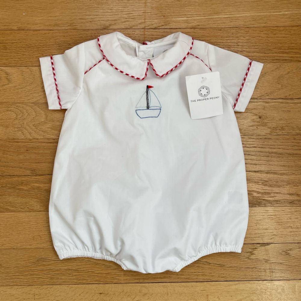 THE PROPER PEONY NWT Boys Embroidered Nautical Sailboat Peter Pan Collar Bubble